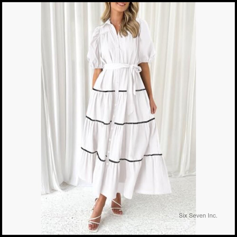 Viscose Polyester Polyamide Maxi Dress with Puffy Sleeves and Pockets - Picture 4 of 7